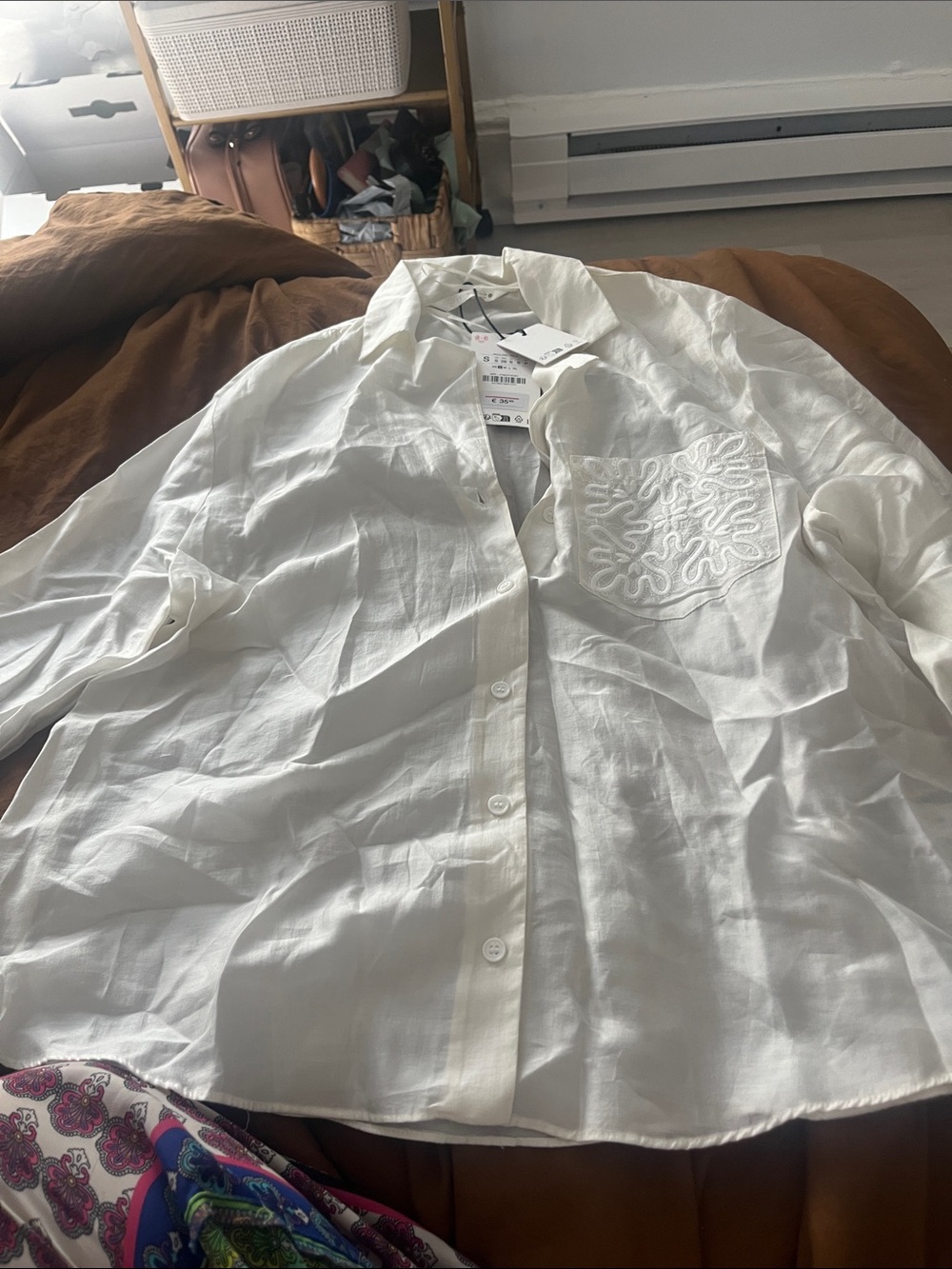 Zara White Button-Down Shirt with Embroidered Pocket
